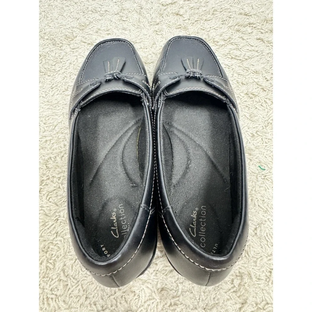 Clarks Ashland Bubble Black Leather Slip On Comfort‎ Loafers Size 8.5 XW Tassels